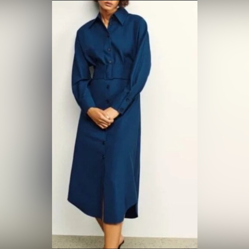 Zara Navy Blue Belted Shirt Dress